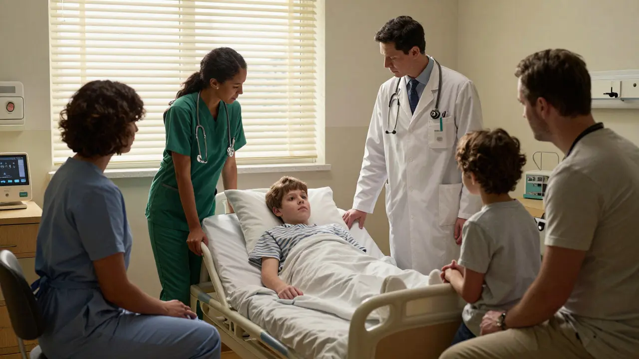 Tým lékařů a rodina u nemocniční postele, dítě je slabé, všechny tváře vykazují starost.