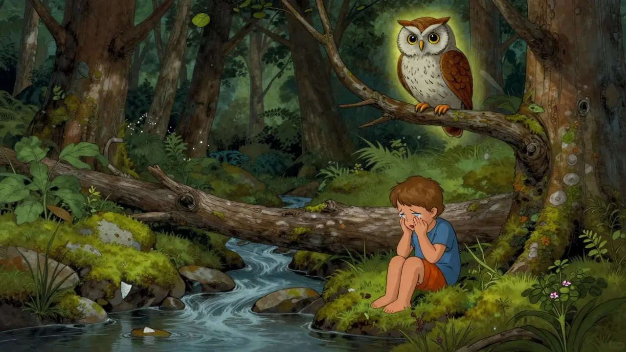 V mysli člověka teče potok, který zastavil spadlý strom, pod ním pláče dítě, zvýšeně pozoruje sova.