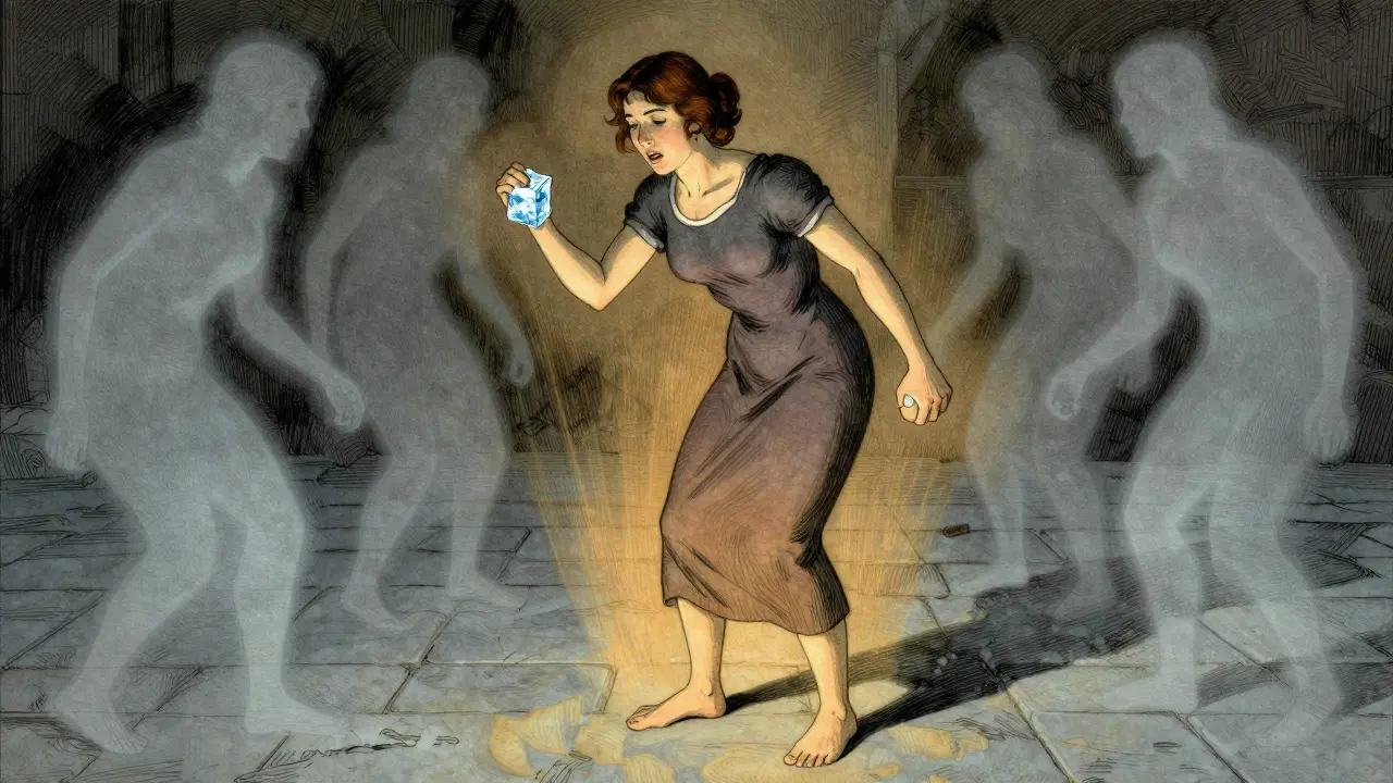 Žena stojí bosá na kamenné podlaze, drží led na zápěstí a kuličku na stres.