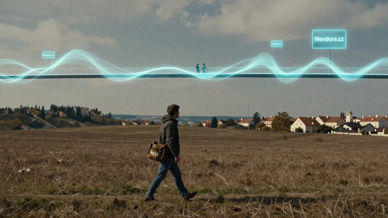 Cestovatel překračuje venkovskou krajinu Česka, zatímco digitální most ho spojuje s terapeutem ve městě.