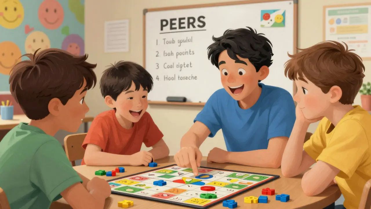 Dítě vysvětluje hru spolužákům, jedna dívka se směje, v pozadí hry a obrázky emocí.