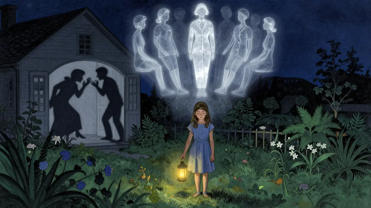 Dívka stojí v měsíčním zahradě s lampionem, zatímco nad ní se objevují průhledné postavy terapeutů.