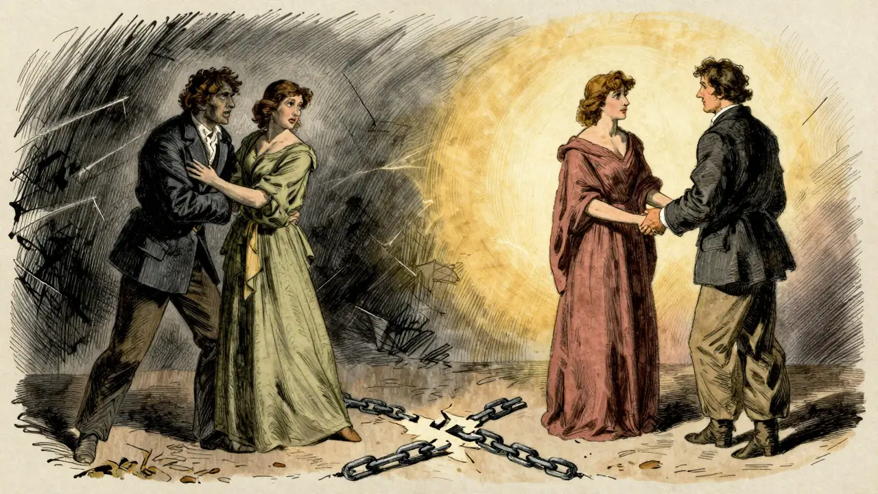 Dva scény jednoho páru: jeden straně boj, druhé straně klidná komunikace s pozitivním světlem.