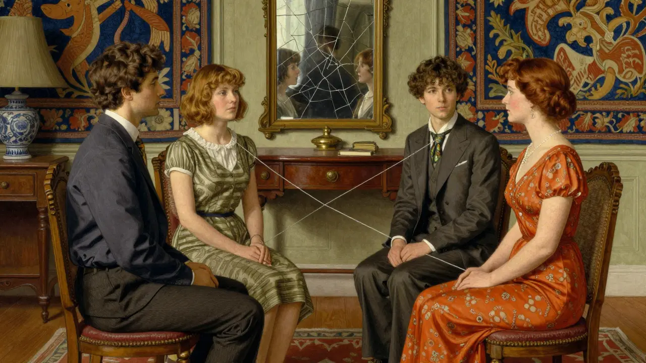 Dva terapeuti, muž a žena, vedou sezení s párem v detailně vykreslené místnosti.