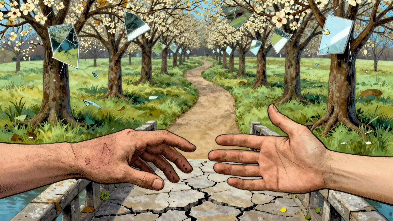 Dvě ruce se setkávají na mostě, za nimi se lámané zrcadla mění v stromy.