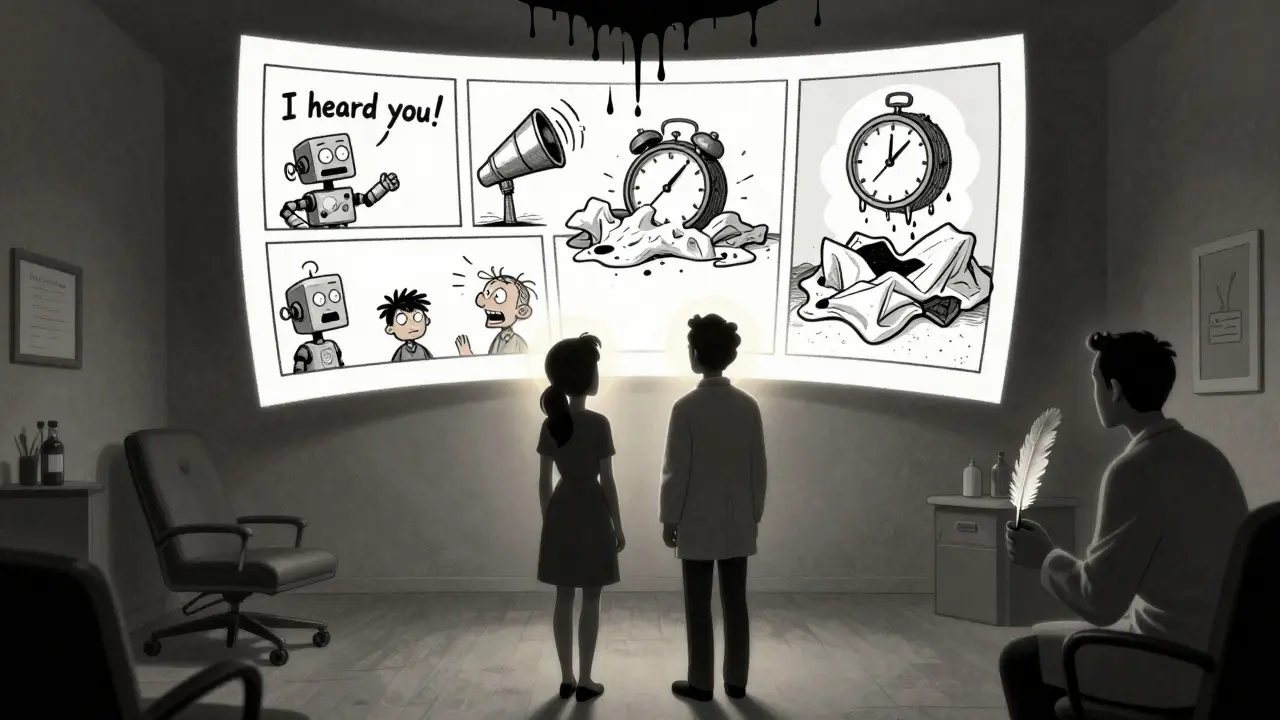 Dvojice sleduje komiksovou scénu svých konfliktů, které se proměňují v absurdní kreslené příběhy, zatímco terapeut pozoruje z stínu.