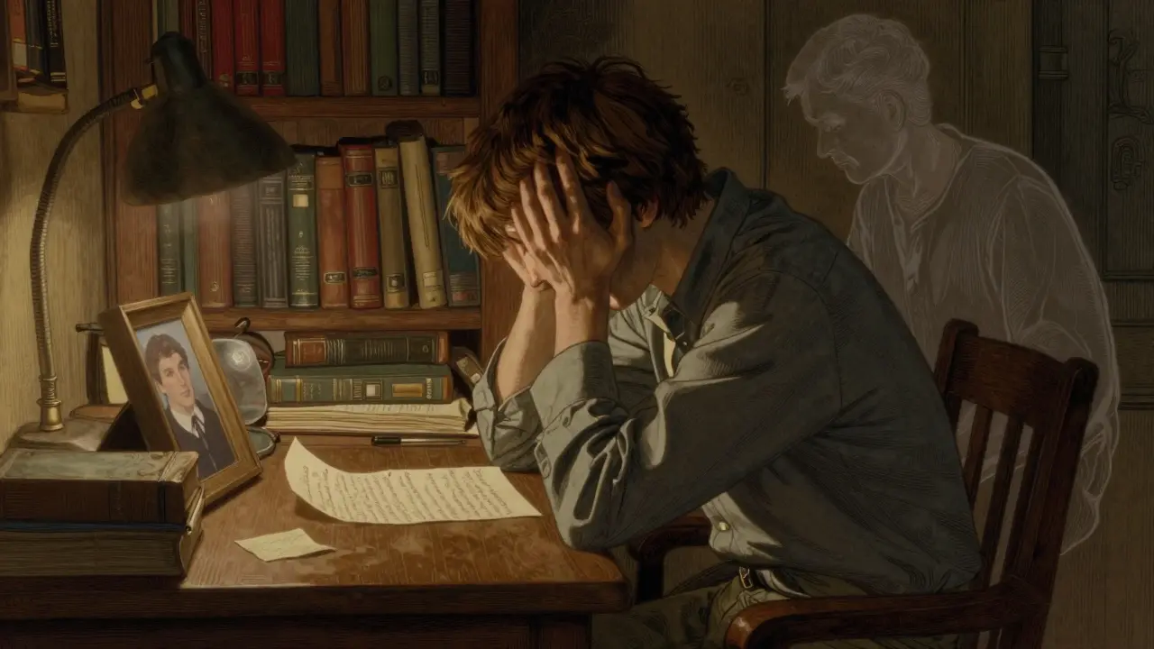 Jeden partner sedí sám v kanceláři, přemýšlí nad dopisem a fotografií partnera.