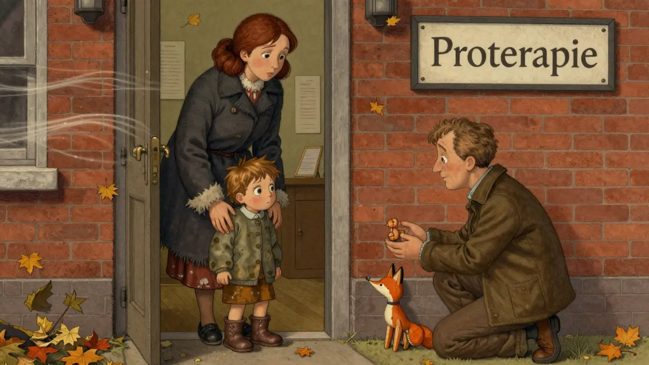 Matka a dítě na prahu terapeutického centra, terapeut jim nabízí loutku.