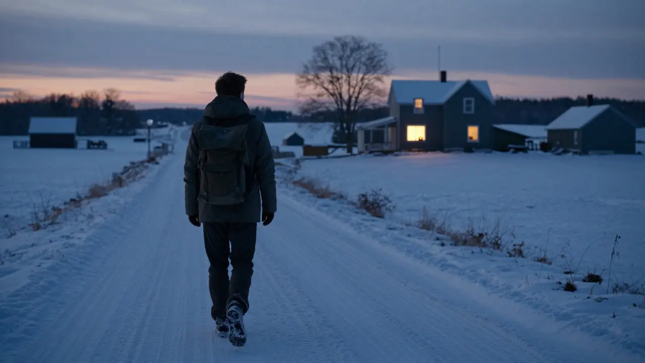 Muž jde po zasněžené silnici k domu, kde někdo hovoří s terapeutem přes video, symbolizující přístup k péči.