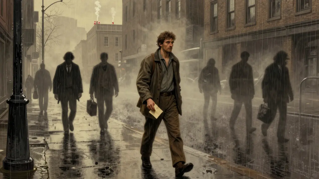 Muž kráčí deštivou ulicí v šede, za ním stíny minulosti, vpředu budova s kouřem.