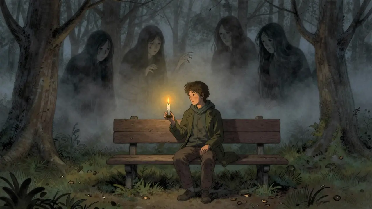 Muž sedí na lavičce v lese, drží svíčku, zatímco stíny strachu se mění v mlhu.