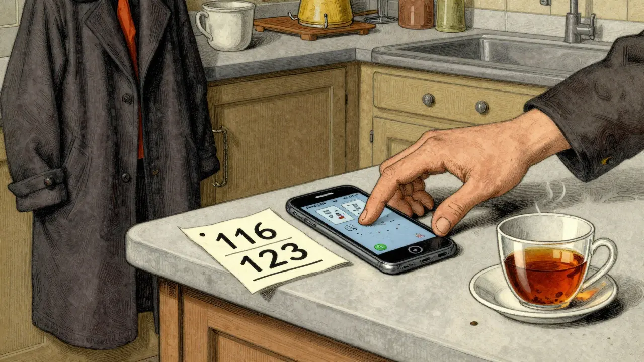 Na kuchyňském stole leží telefon s číslem krizové linky a poznámka, vedle chladnoucího čaje.