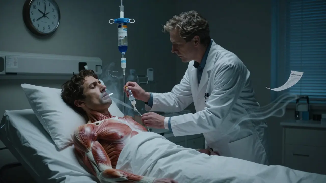 Neurolog podává lék pacientovi s obtížemi s dýcháním, v pozadí hodiny ukazují pozdní hodinu nočního boje o život.