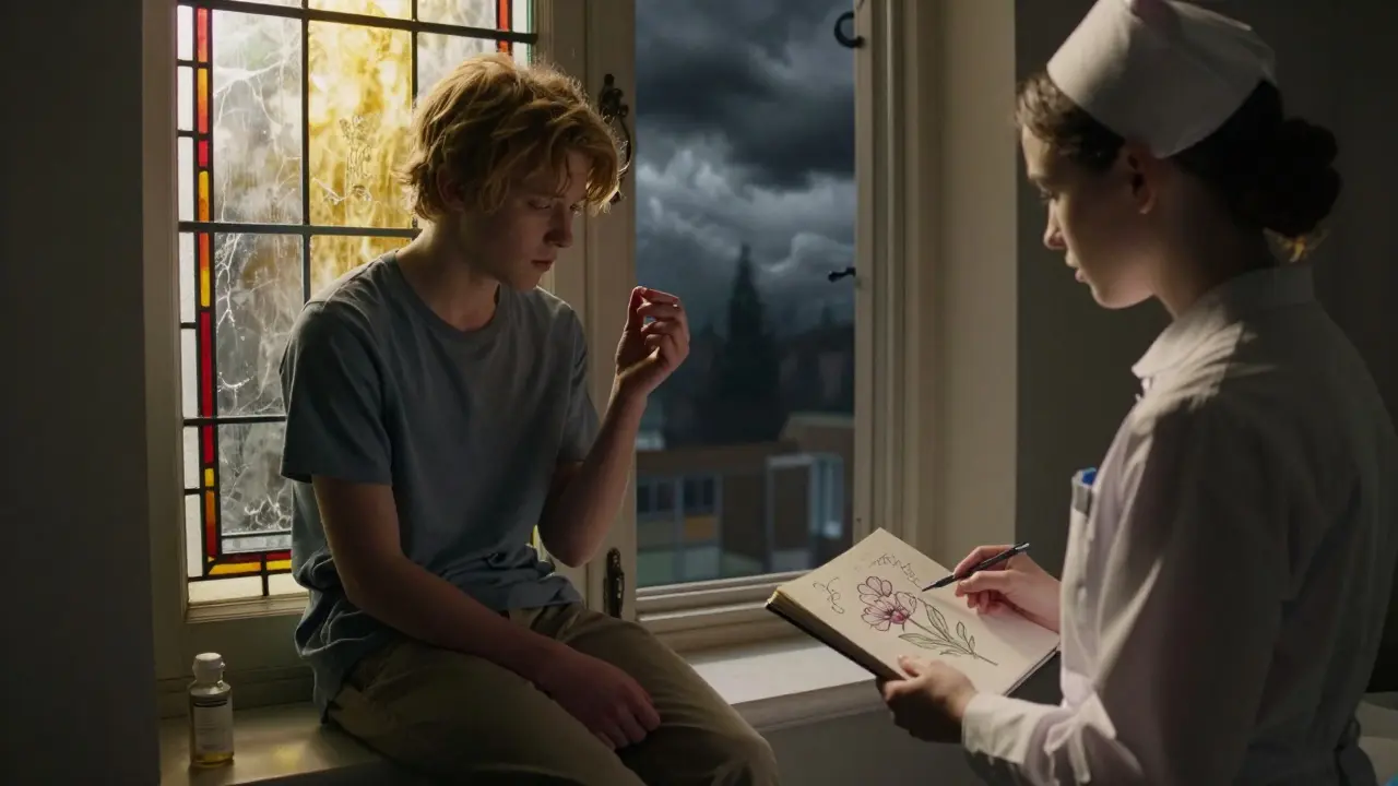 Pacient drží lék u okna v ranním světle, za ním se odchází temná úzkost, symbolizující pomalé hojení duše.