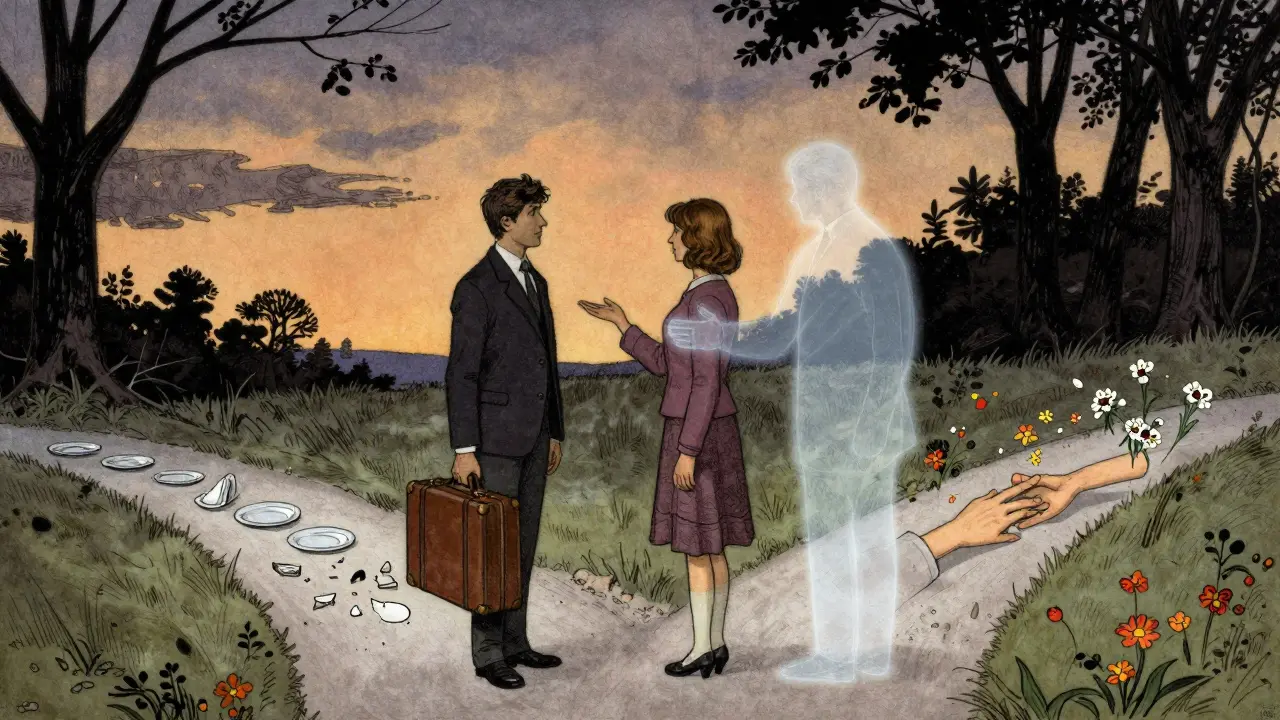 Pár stojí na rozcestí, terapeut je neviditelný průvodce, cesty vedou k rozchodu nebo spojení.