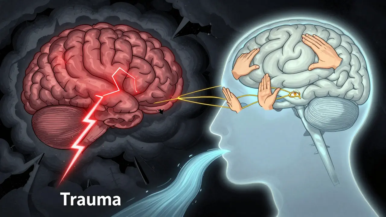 Představa mozku: temná oblast traumatu spojená s klidnou logickou částí zlatými vlákny stimulace.