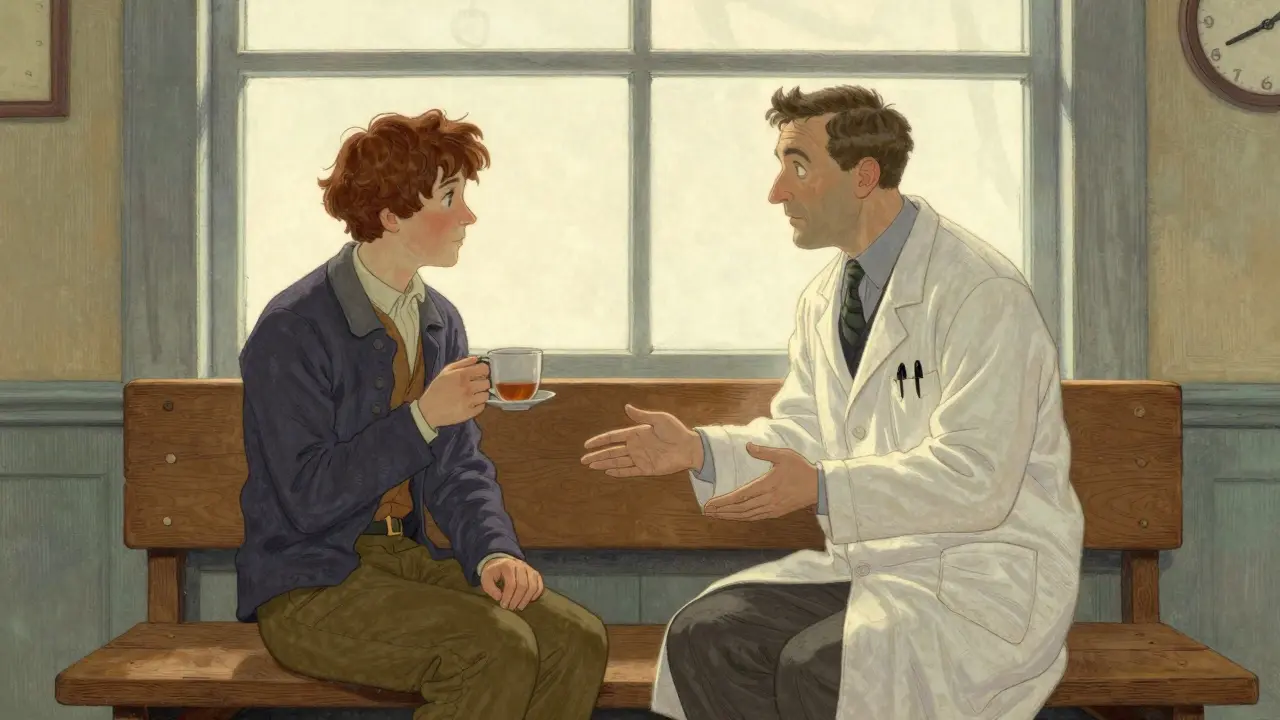 Psychiatr a pacient sedí na lavičce v jemném ranním světle, klidná, lidská přítomnost.