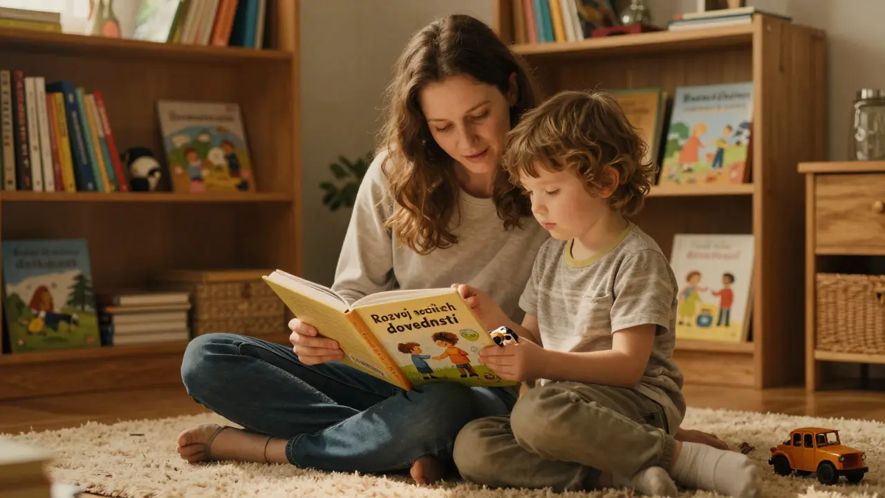 Rodič a dítě čtou knihu doma, dítě ukazuje na obrázek rukou, teplé osvětlení.