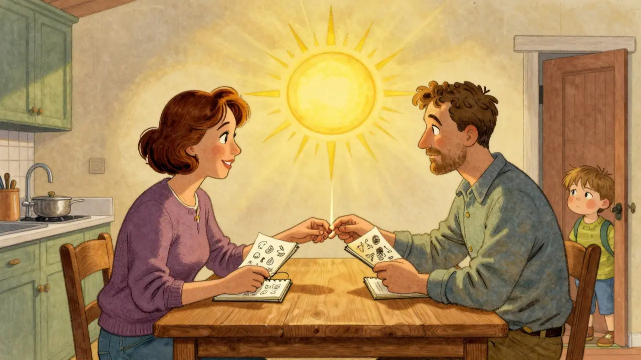 Rodiče sedí u stolu s ilustrovanými poznámkami, dítě pozoruje z dveří, teplé světlo je spojuje.