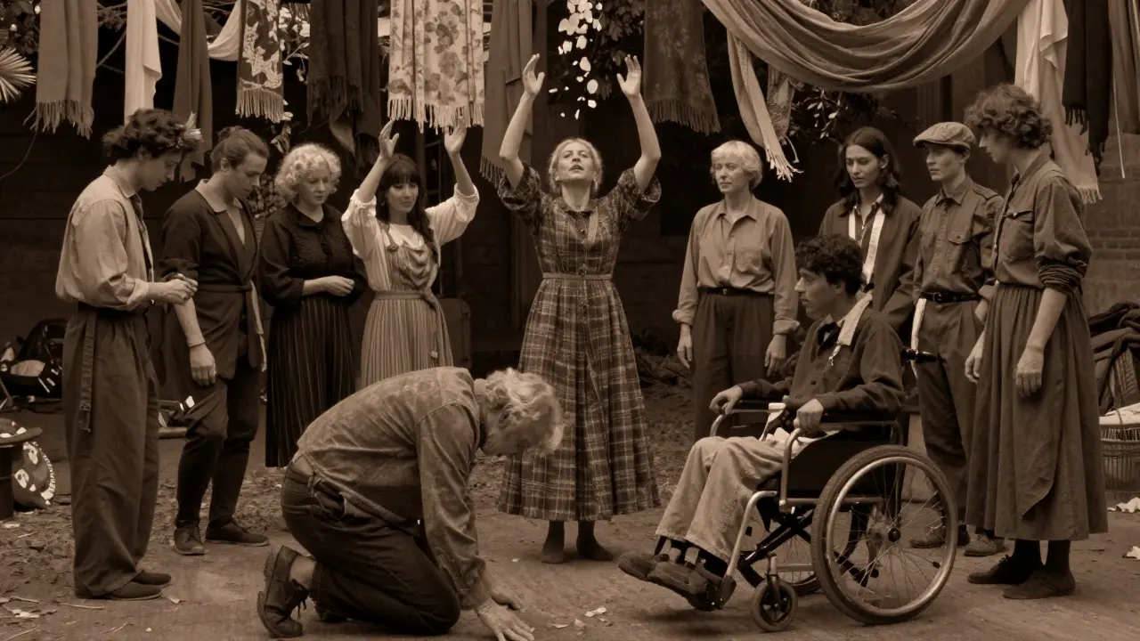 Různí lidé se pohybují v kruhu pod šátky, někdo zvedá ruce, jiný klečí, všechny pohyby jsou klidné a osobní.