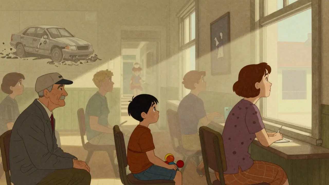 Různí lidé v klidných momentech EMDR terapie, jejich minulosti se mění z bolesti v klid.