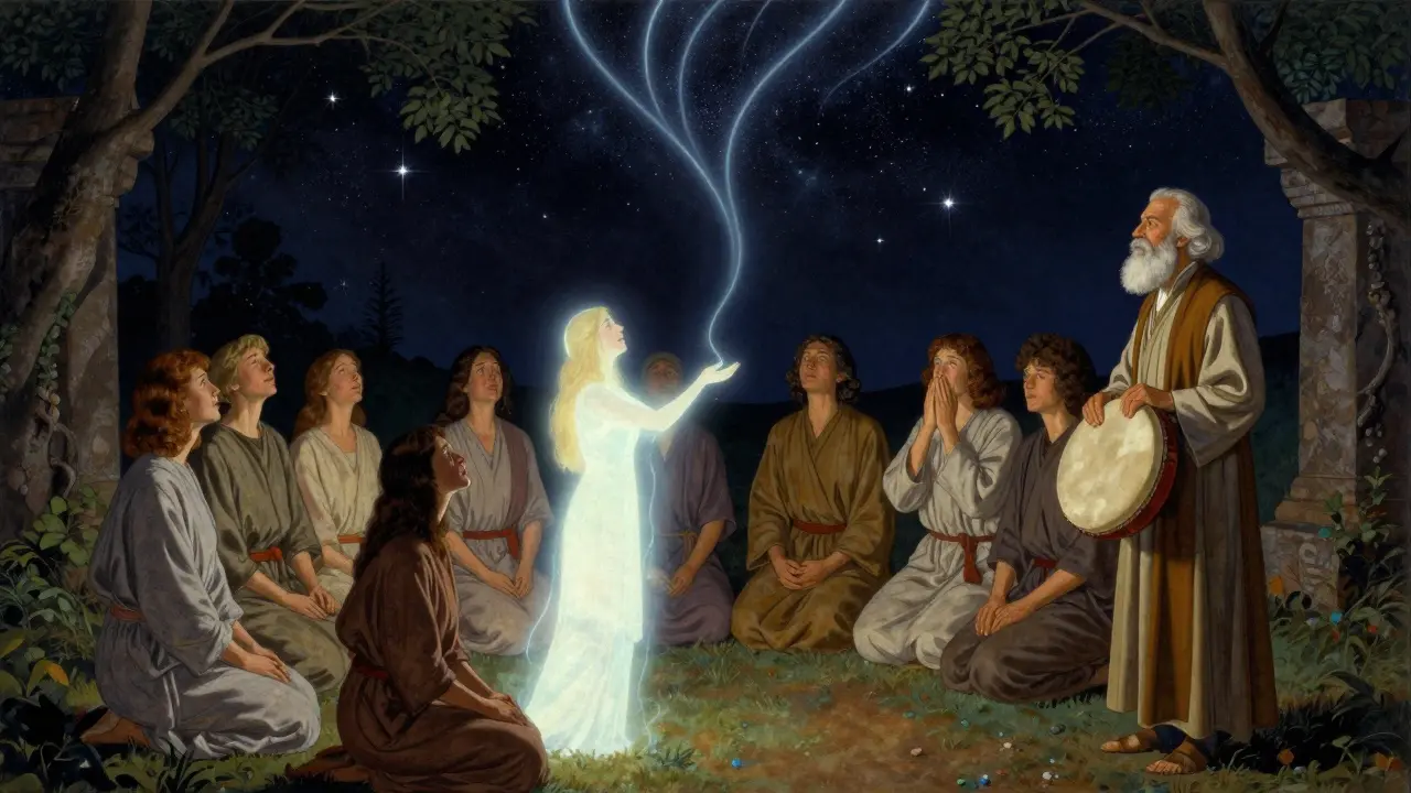 Skupina lidí provádějící holotropní dýchání pod hvězdnou oblohou, s Grofem jako pozorovatelem.