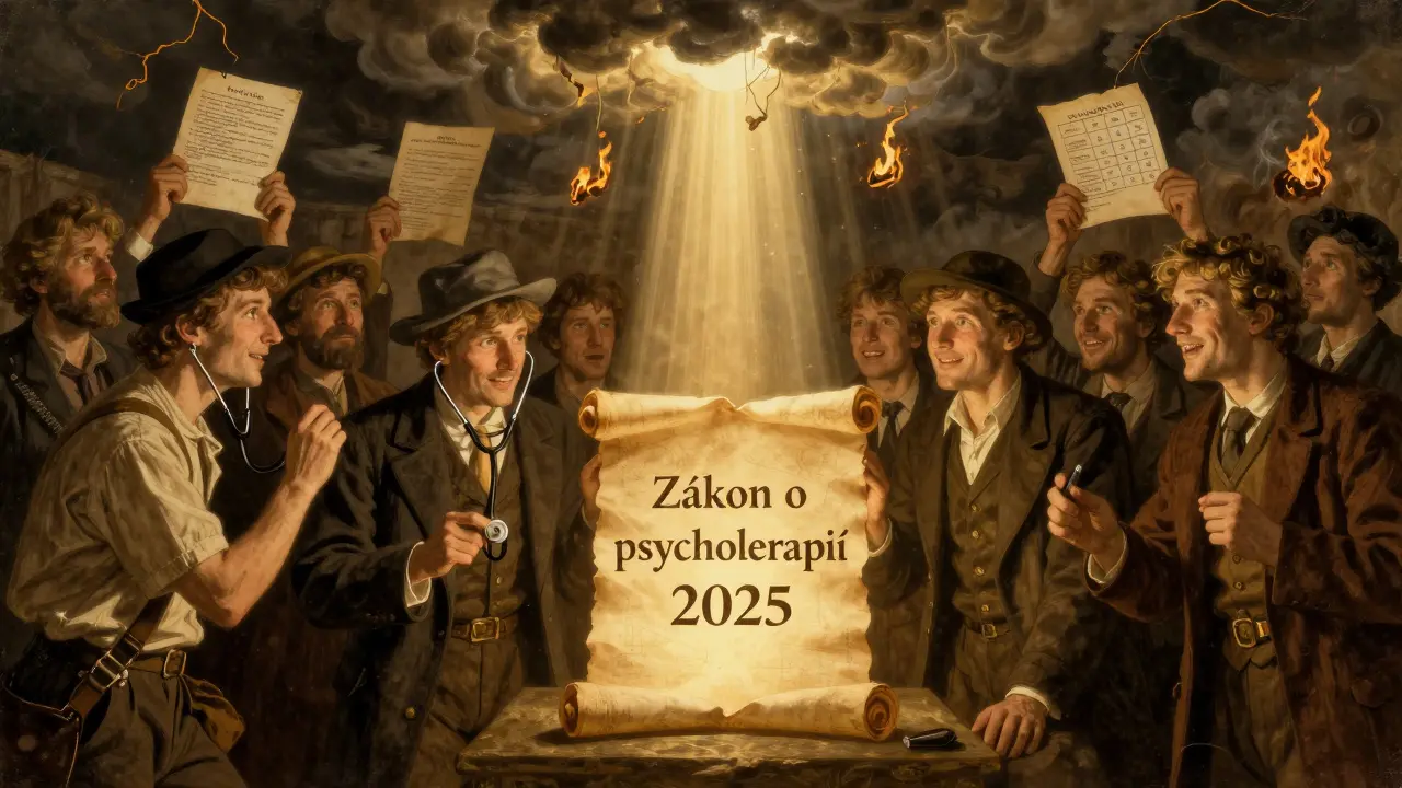 Skupina lidí se dívá na nový zákon o psychoterapii, zatímco staré smlouvy hoří v popelu.