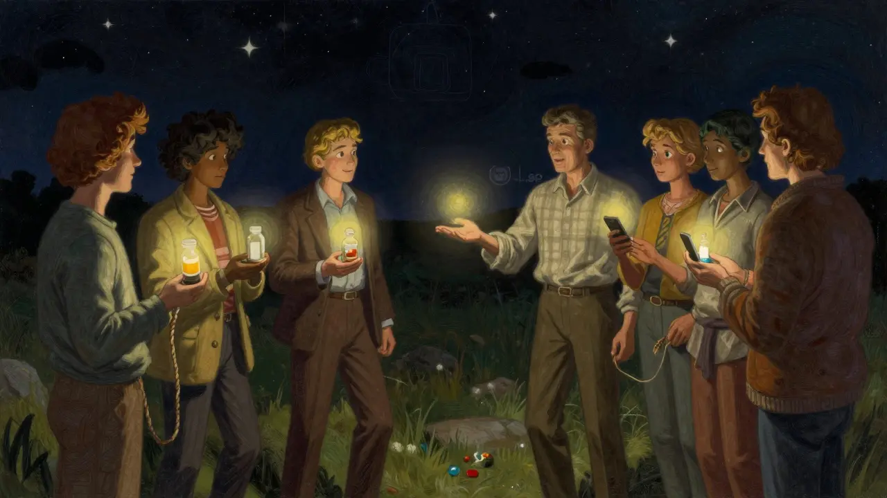 Skupina lidí v kruhu pod hvězdnou oblohou drží světla, jedna osoba jim nabízí ruku v symbolické záchranné scéně.