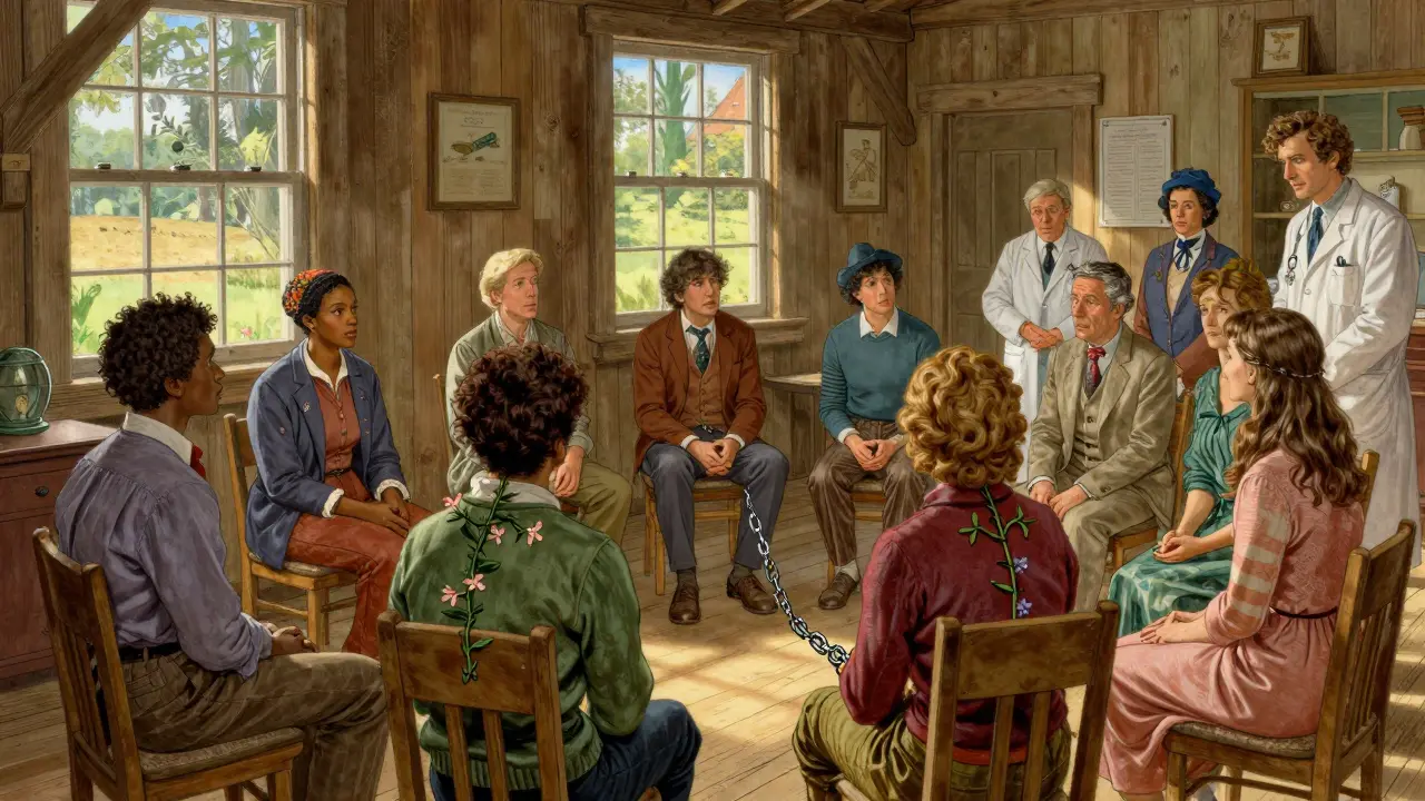 Skupina pacientů v terapii, kde kovy řetězy mění v kvetoucí větve.