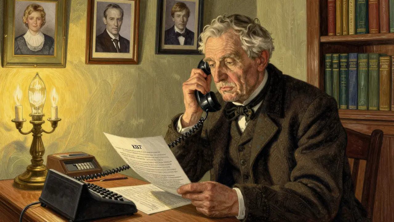 Starší muž hovoří po telefonu po technickém výpadku online sezení, před ním má papíry s cvičeními.