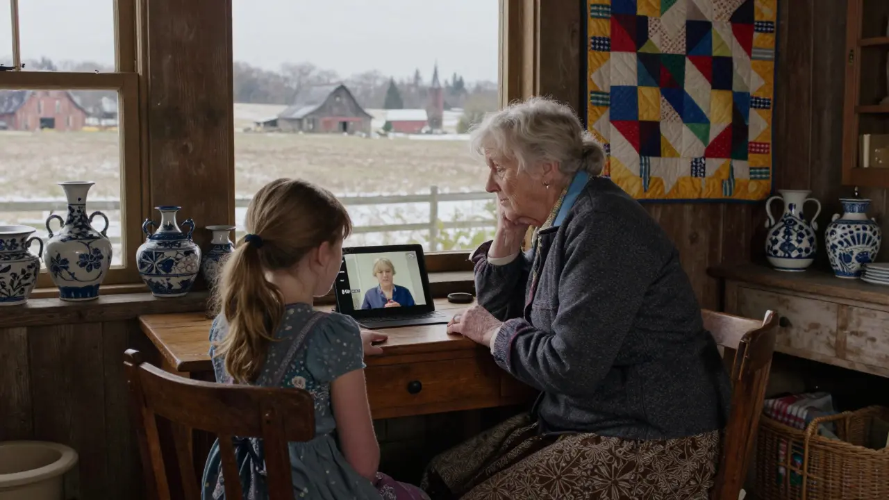 Starší žena s děvčetem sledují videohovor s terapeutem na tabletu v klidné venkovské místnosti.