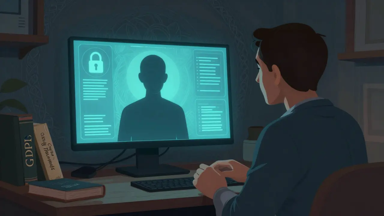Terapeut a klient komunikují přes bezpečnou online platformu, s kryptografickými symboly v pozadí a certifikovanými materiály na polici.