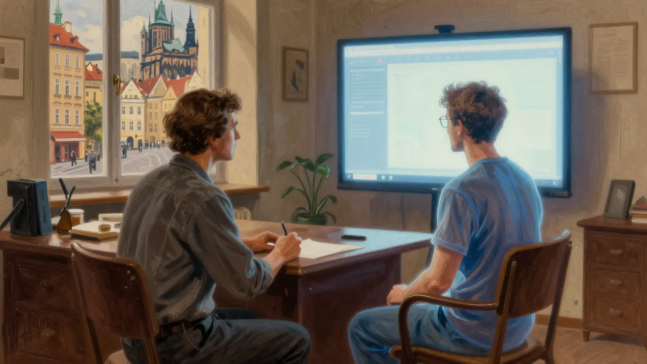 Terapeut a pacient spolu v kanceláři, kde jeden je digitální projekce, symbolizující hybridní terapii.