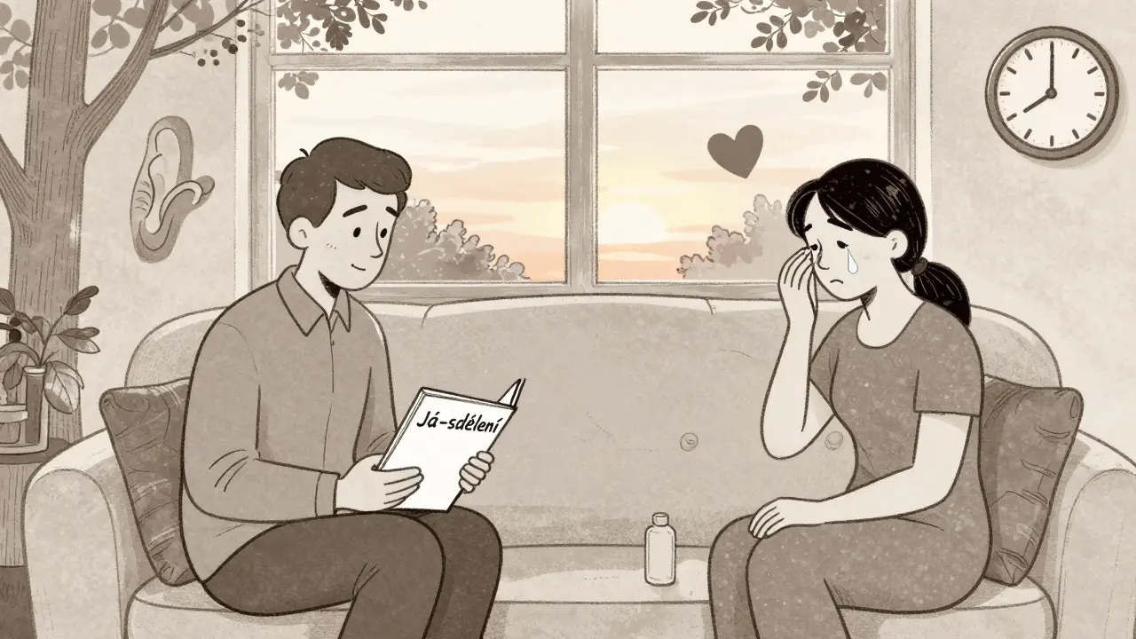 Terapeut pomáhá páru komunikovat, za nimi září západ slunce, symboly naslouchání a času jsou viditelné.