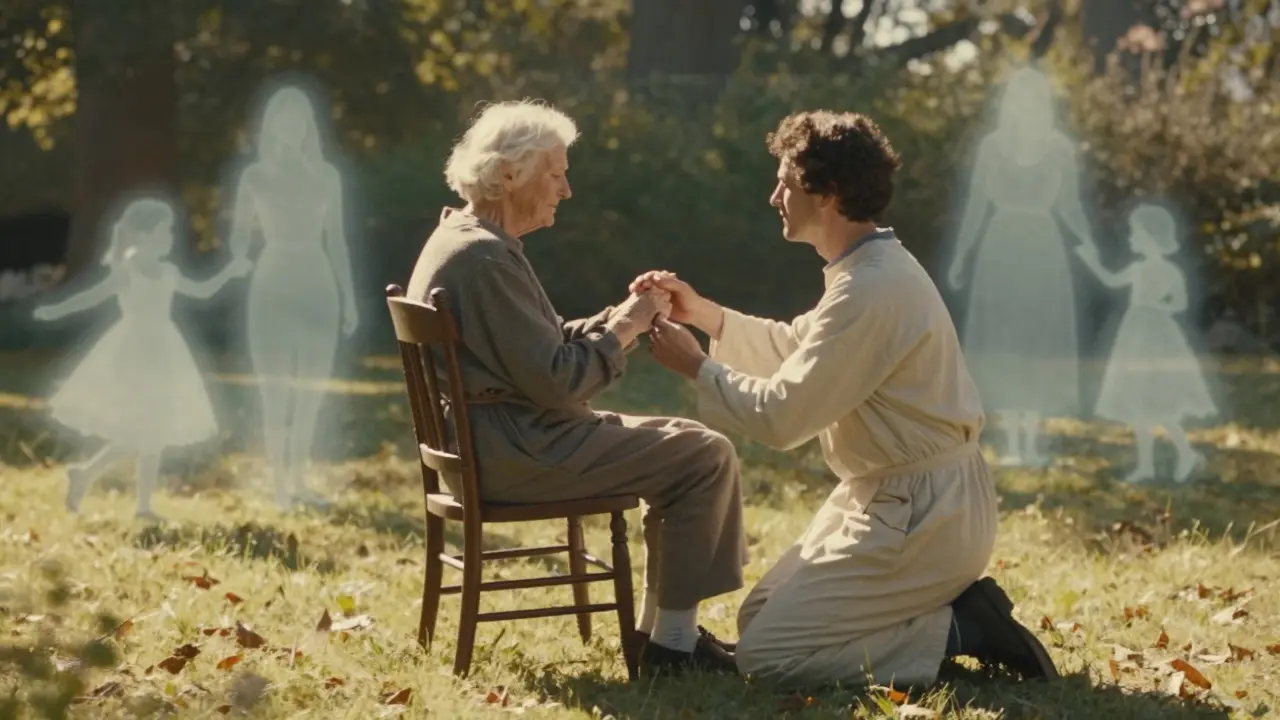Terapeut sedí u starého klienta s demencí, který se mírně kýve, za nimi se objevují stíny vzpomínek z dětství.