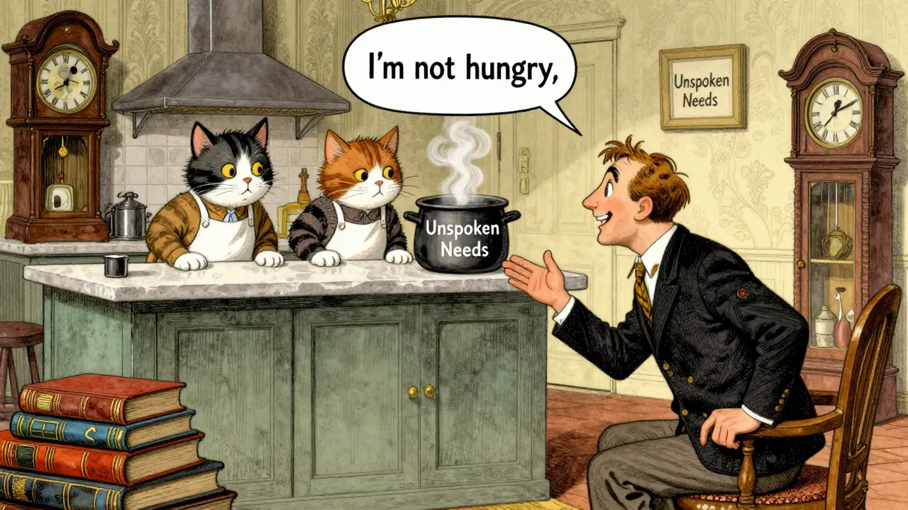 Terapeut ukazuje dvojici, jak se chovají jako kočky v kuchyni, zatímco nad nimi plave ilustrace jejich neřešených potřeb.