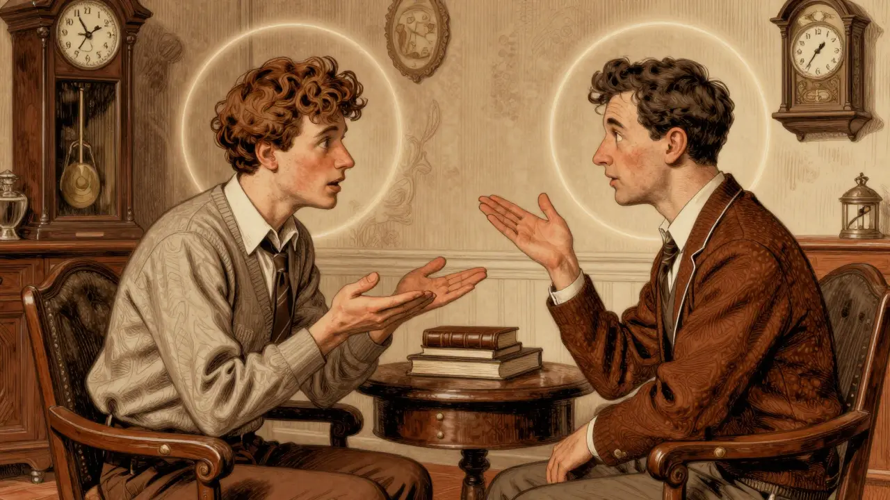 Terapeut ukazuje párovi, jak aktivně naslouchat, světlo symbolizuje spojení.