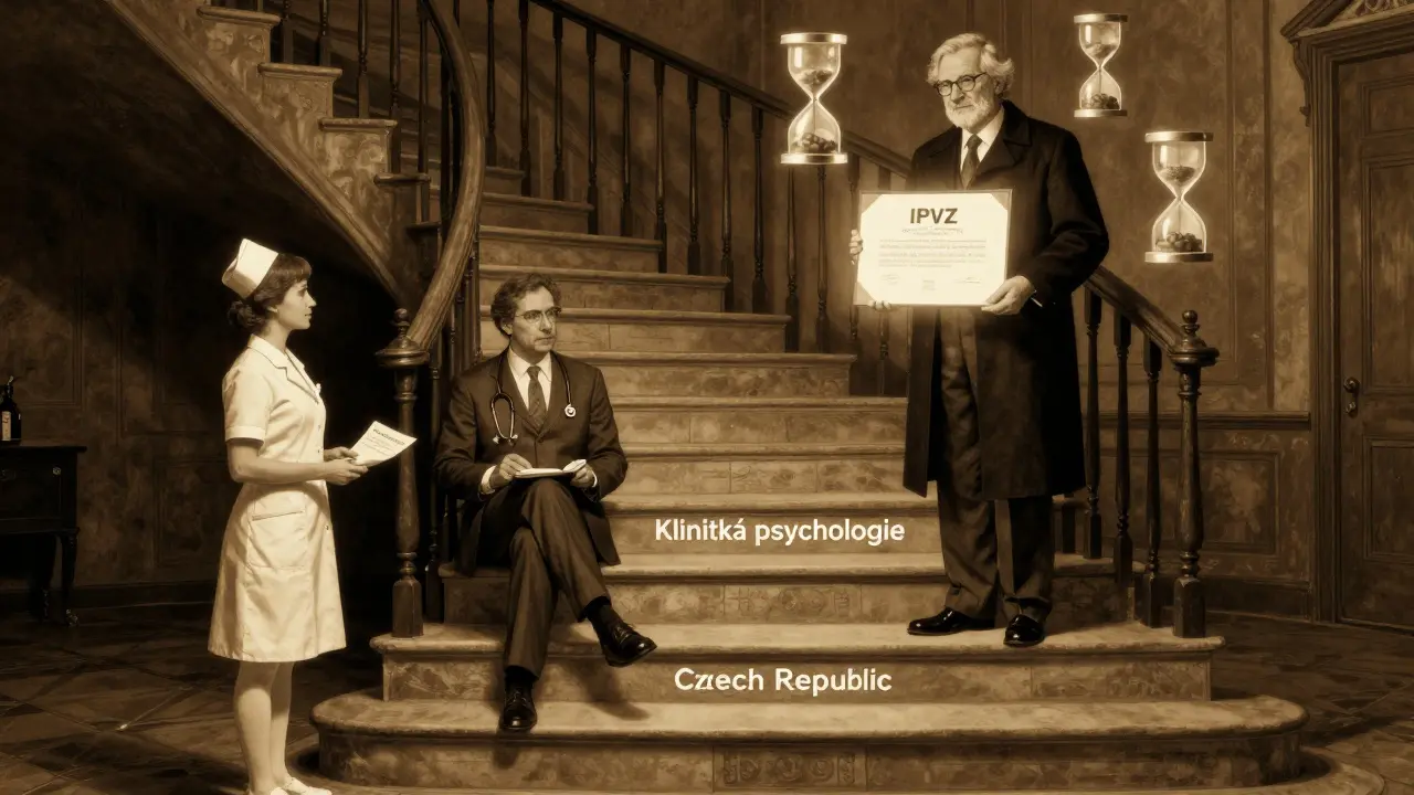 Třístupňová schodiště znázorňující úrovně psychoterapie v ČR.