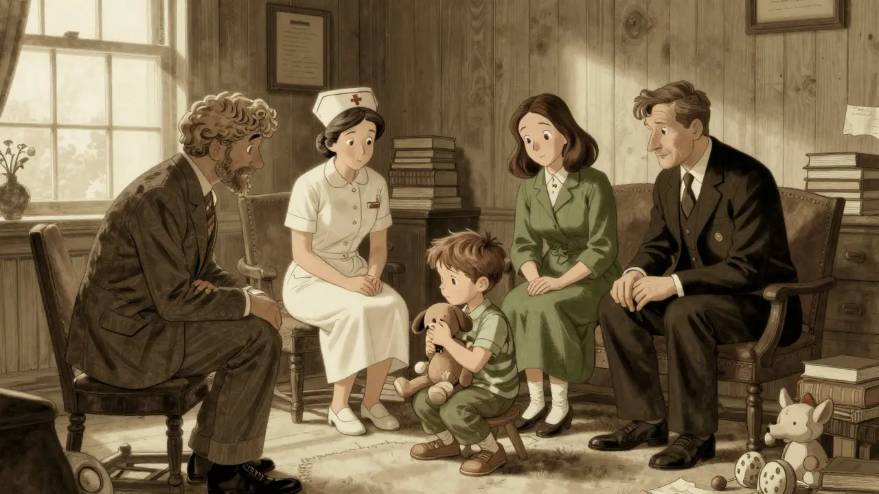 Tým odborníků podporuje dítě v klidné místnosti s knihami a hračkami, sluneční světlo z okna.