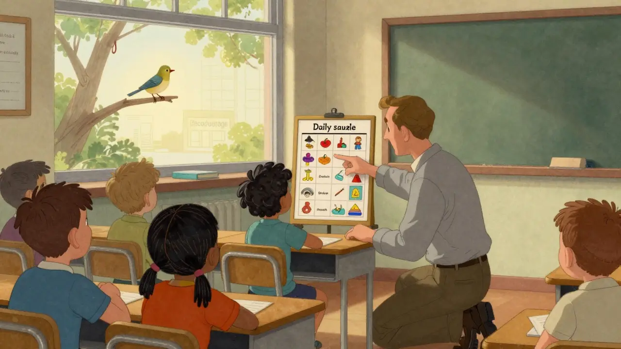 Učitelka ukazuje dítěti vizuální plán dne ve třídě, venku na větvi sedí pták, v pozadí je vidět psychologickou poradnu.