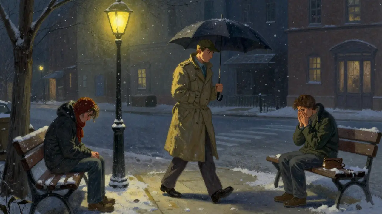 Záchranný pracovník přistupuje k osobe na lavičce v noci, sníh a slabé světlo uličního lampy.