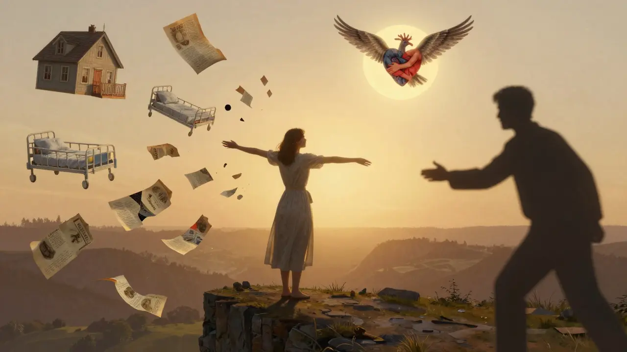 Žena na skalním okraji, obklopená vzpomínkami, zatímco terapeut čeká, aby ji vedl k integraci.