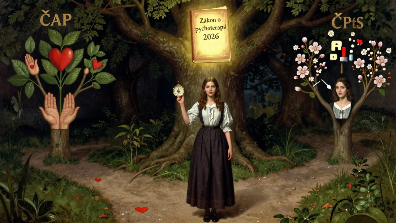 Žena stojí na křižovatce s dvěma cestami terapie, nad ní se objevuje zákon o psychoterapii.