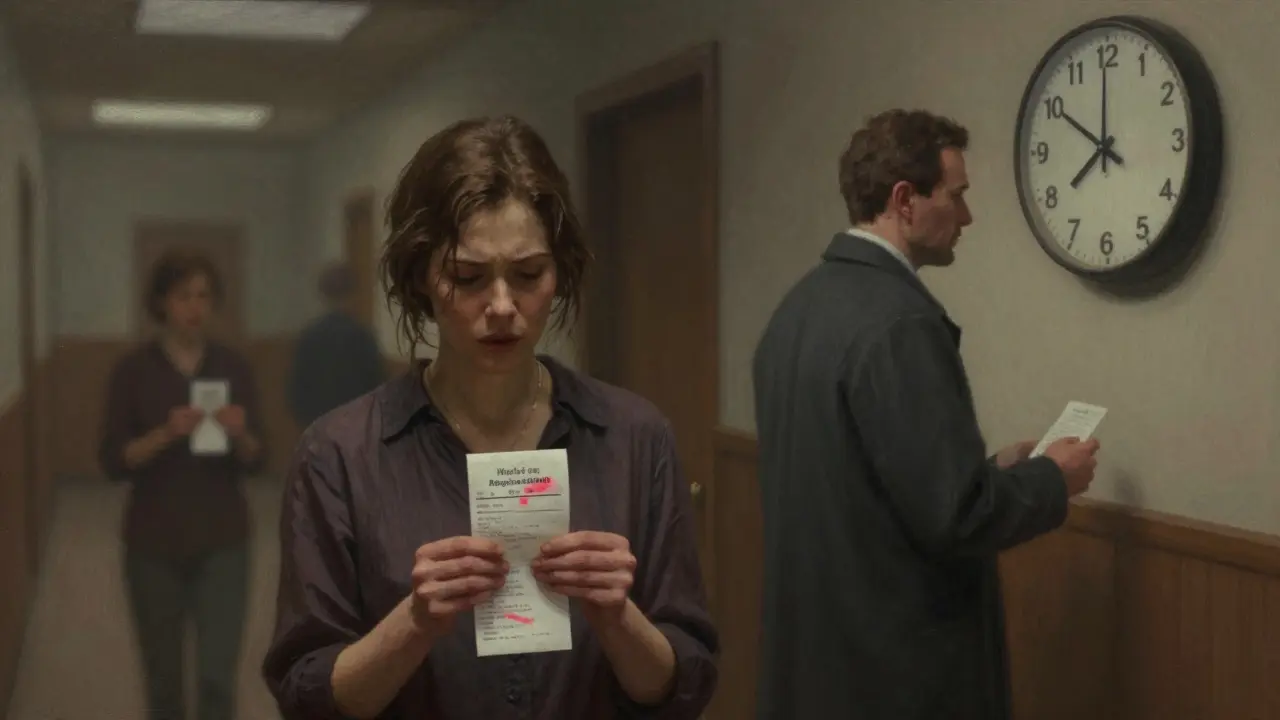 Žena stojí v chodbě kliniky s pokladnou poukázkou, hodiny ukazují téměř čas zrušení.