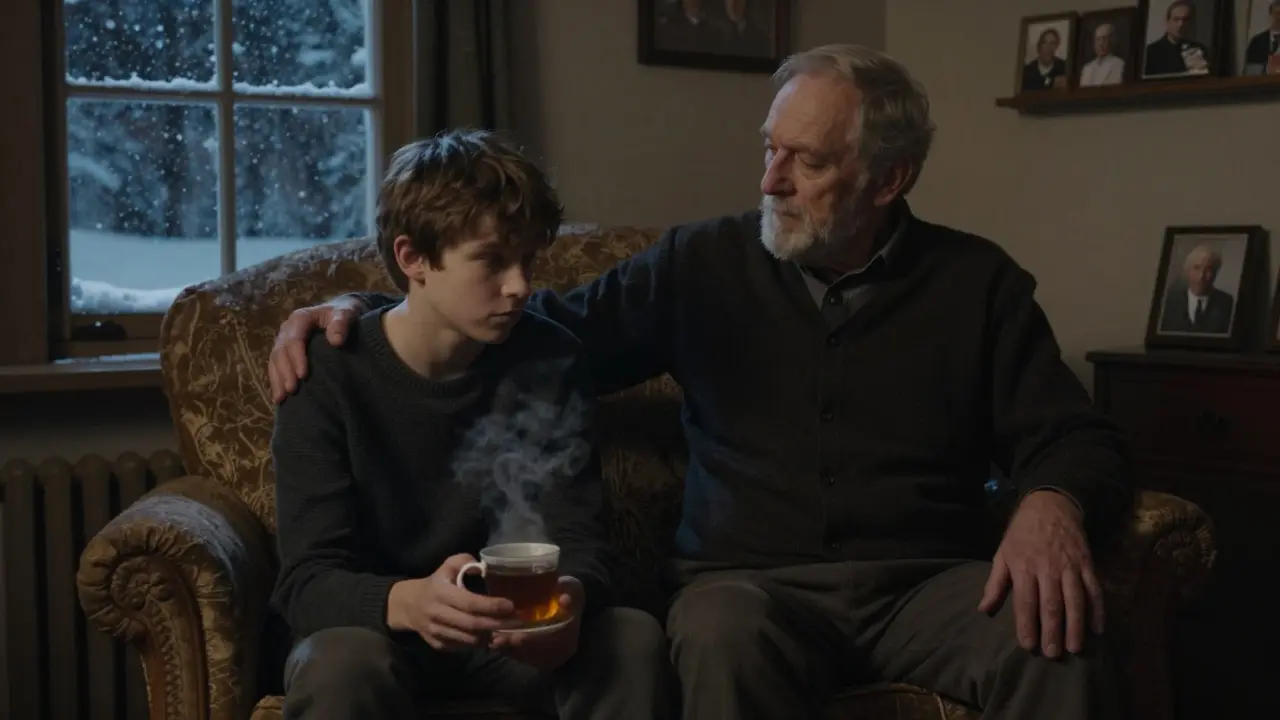 Dědeček sedí ticho vedle syna, jen klidnou přítomností ho podporuje.