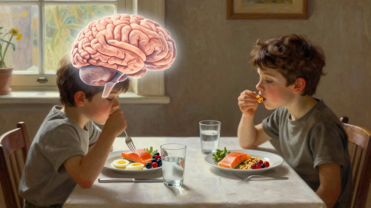 Dítě jí sýrový oběd s lososem a bobulemi, nad ním jasné, zdravé mozkové světlo.