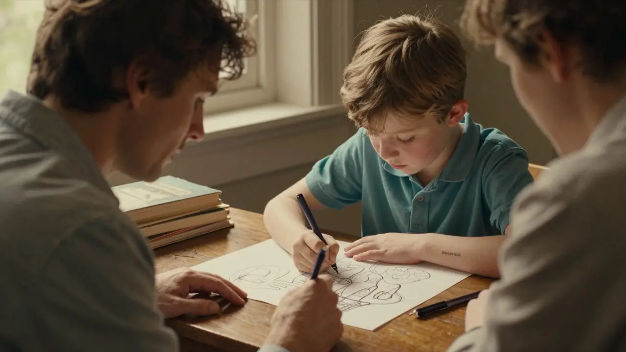 Dítě kreslí svůj příběh s terapeutem a rodičem v pozadí.