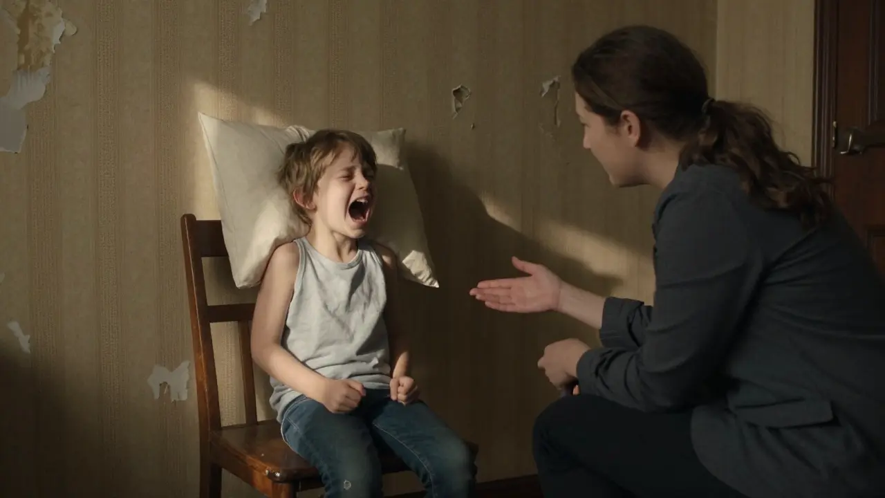 Dítě křičí do polštáře, terapeut klidně sedí, rodičova ruka visí ve vzduchu, slunce prosvítá skrz prach.