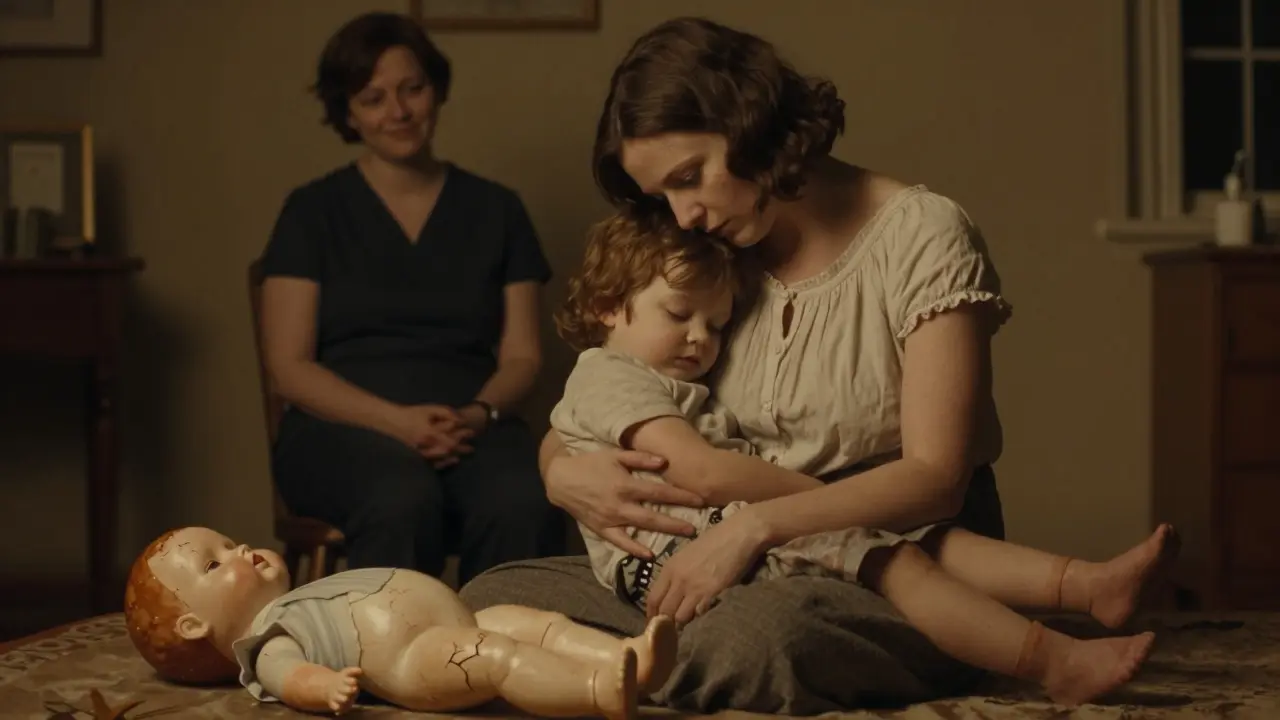 Dítě si položilo hlavu na prsa matky, terapeut pozoruje z stínu, rozbitá panenka leží na podlaze.