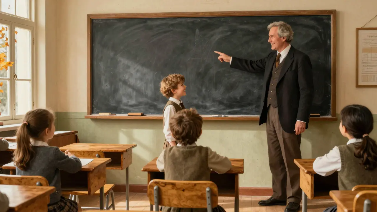 Dítě šťastně navštěvuje školu v třídě s učitelkou a spolužáky.